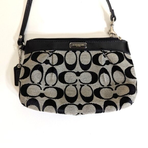 Coach Black and Cream Wristlet Bag with Interlocking C Pattern 7.5"x5" - Picture 2 of 9